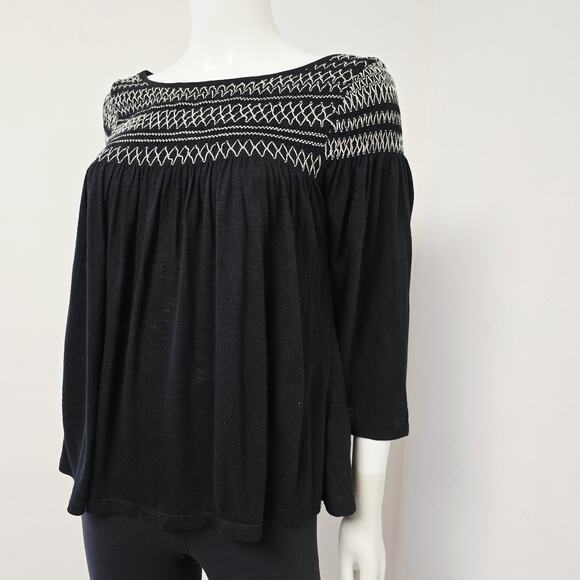 Gap Top Size S Smocked Bell 3/4 Sleeve Flowy Black Womens Preppy Wide Neck - Picture 4 of 8